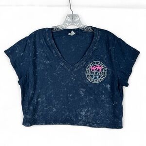 Bloom + Pop Blue Crop Top Tie T-Shirt Womens Medium Myrtle Beach Acid Wash Top